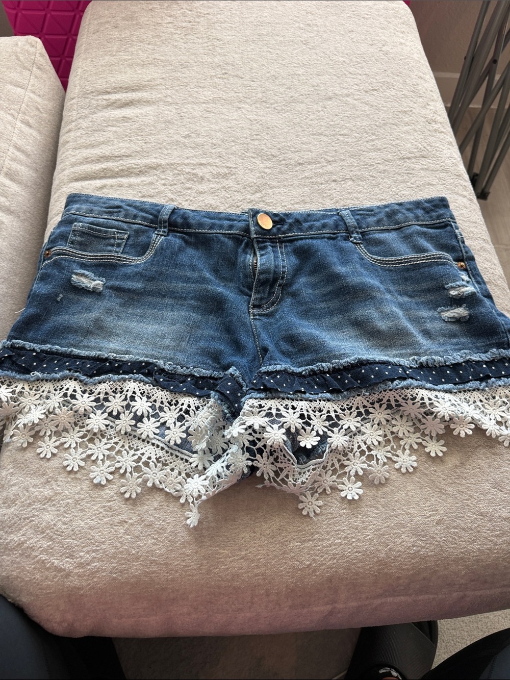 No Boundaries Dark Blue Denim Shorts with White Lace Trim